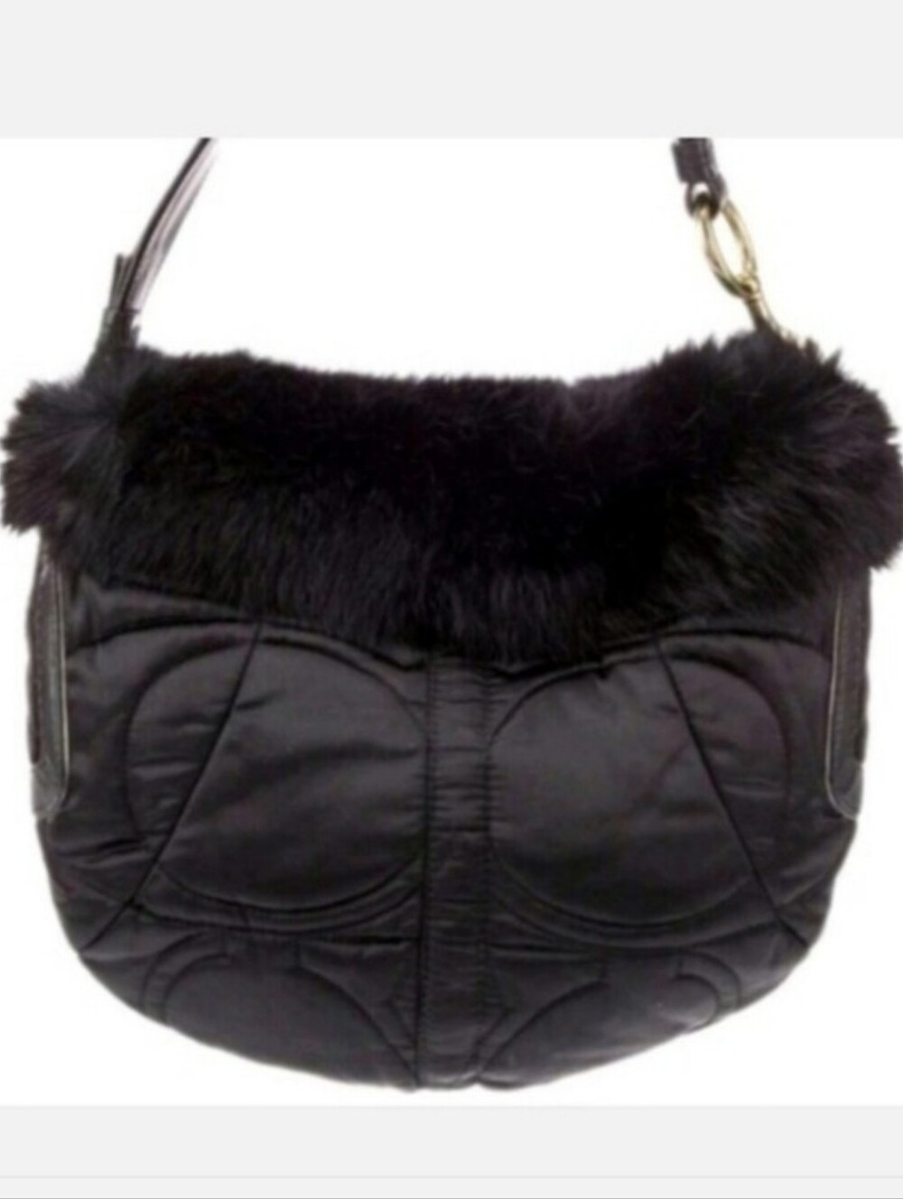 COACH Rabbit Trim Black Satin Signature Hobo Handbag With Hangtag